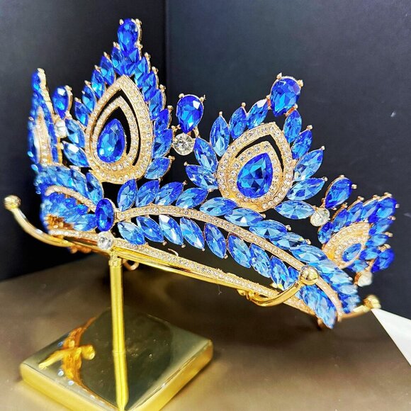 Quinceanera Crown, Blue Rhinestone Crown, Large Size Crown, Gold Crystal Crown main image 8